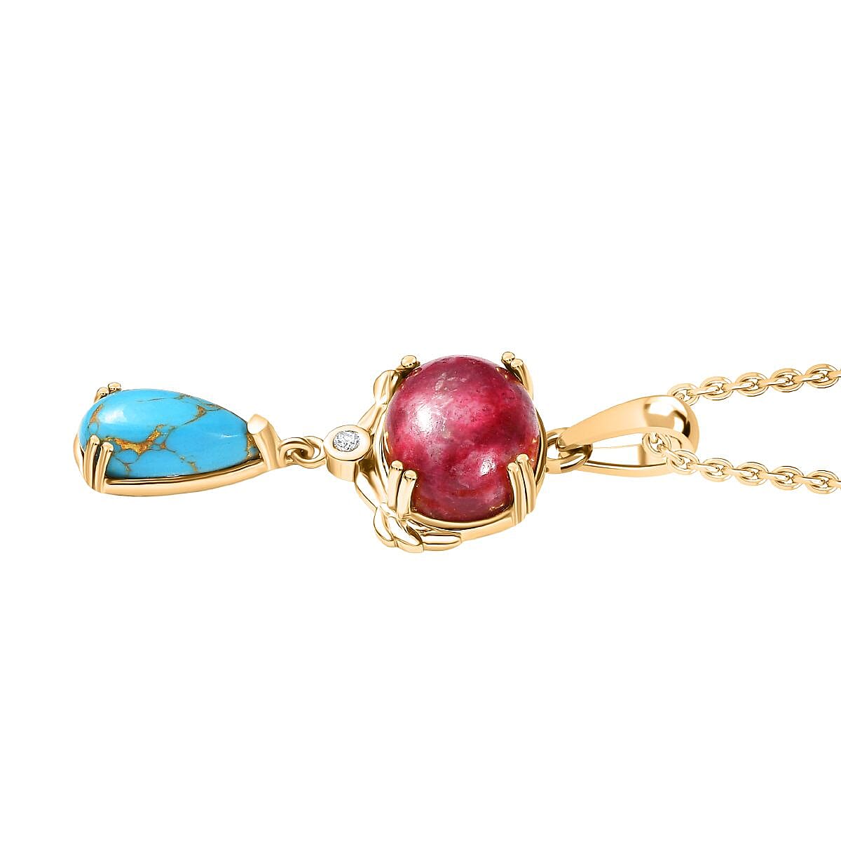EverTrue Natural Thulite, Blue Turquoise & White Zircon Pendant with Chain (Size 20) in Yellow Gold Plated 8.16 Ct.