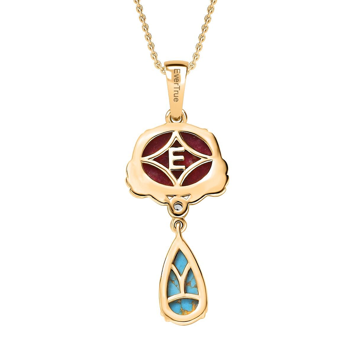 EverTrue Natural Thulite, Blue Turquoise & White Zircon Pendant with Chain (Size 20) in Yellow Gold Plated 8.16 Ct.