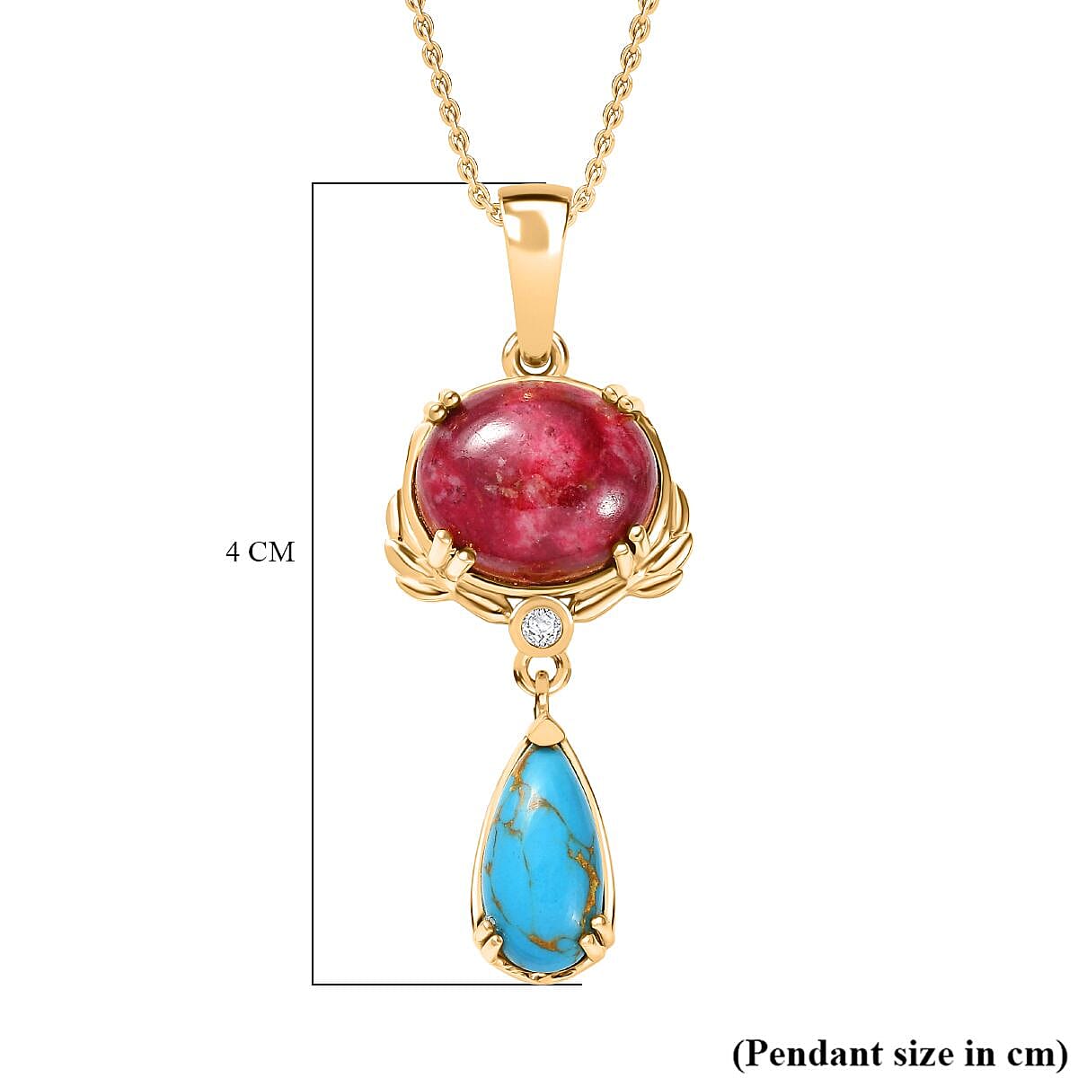 EverTrue Natural Thulite, Blue Turquoise & White Zircon Pendant with Chain (Size 20) in Yellow Gold Plated 8.16 Ct.