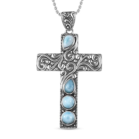 D'Joy Larimar Black Oxidised Cross Pendant with Cable Chain (Size 20) Sterling Silver 2.24 Ct, Silver Wt. 6.03 Gms.
