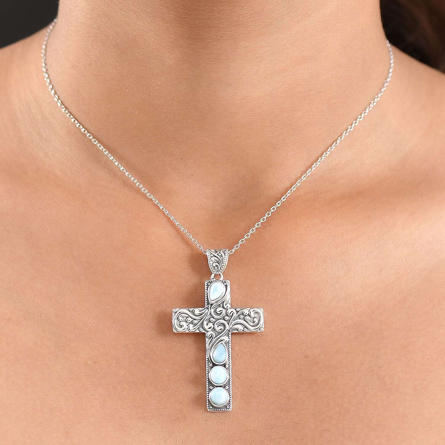 D'Joy Larimar Cross Pendant with Cable Chain