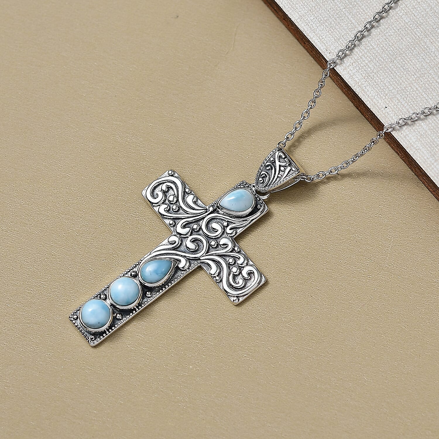D'Joy Larimar Black Oxidised Cross Pendant with Cable Chain (Size 20) Sterling Silver 2.24 Ct, Silver Wt. 6.03 Gms.