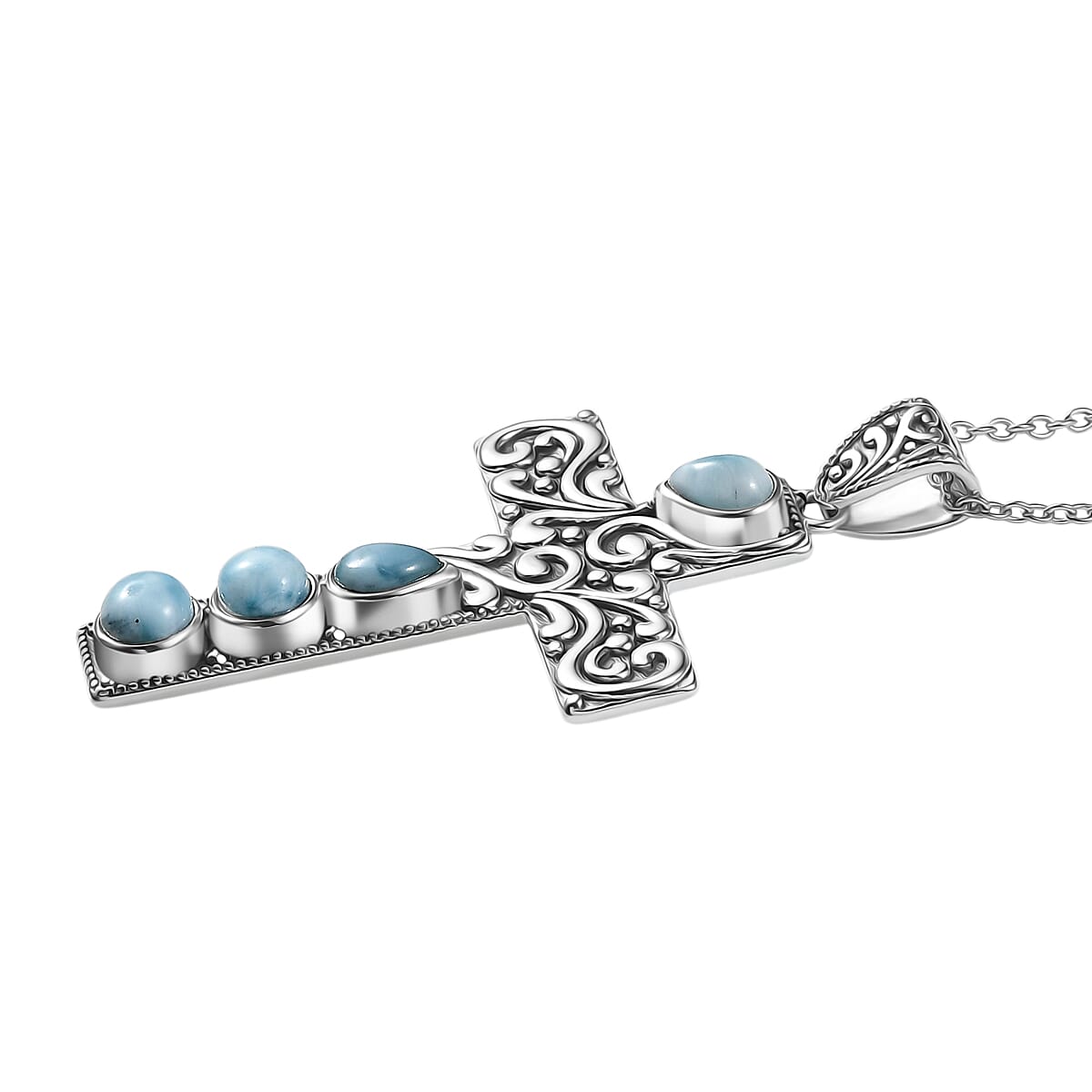 D'Joy Larimar Black Oxidised Cross Pendant with Cable Chain (Size 20) Sterling Silver 2.24 Ct, Silver Wt. 6.03 Gms.