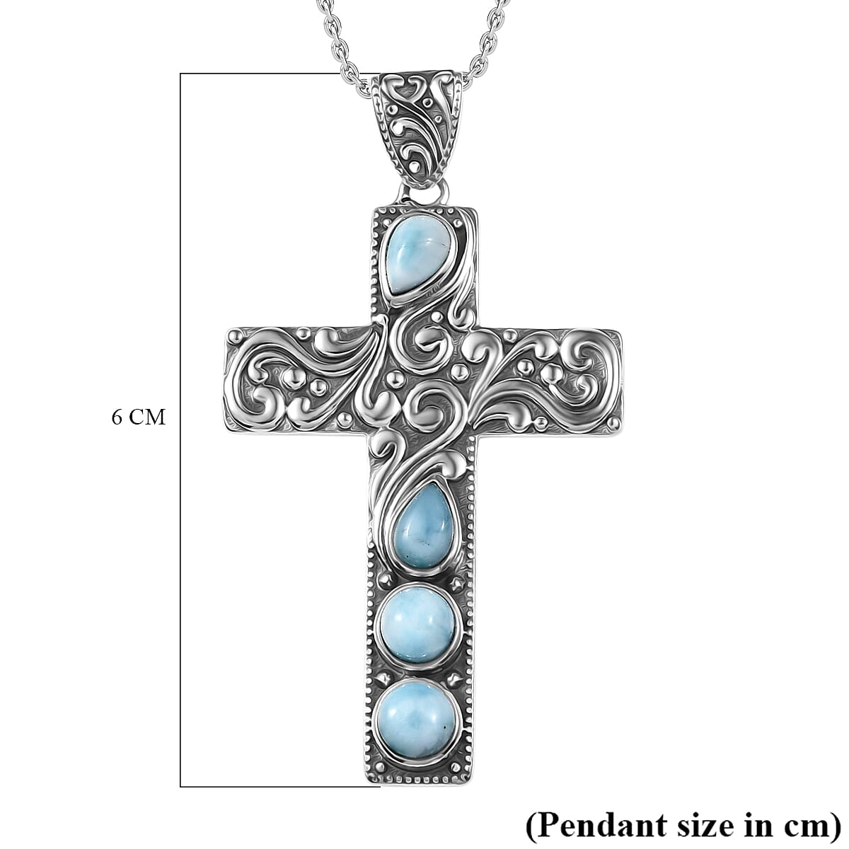 D'Joy Larimar Black Oxidised Cross Pendant with Cable Chain (Size 20) Sterling Silver 2.24 Ct, Silver Wt. 6.03 Gms.