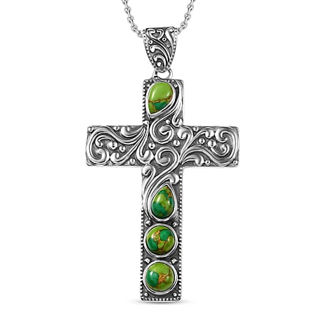 D'Joy Green Mojave Turquoise Black Oxidised Cross Pendant with Cable Chain (Size 20) Sterling Silver 1.80 Ct, Silver Wt. 6.02 Gms.