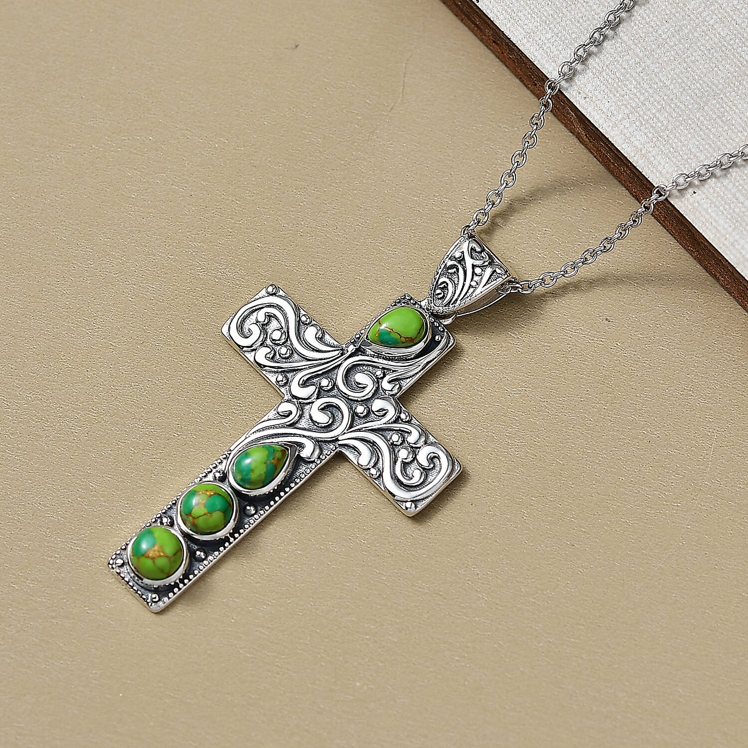 D'Joy Green Mojave Turquoise Black Oxidised Cross Pendant with Cable Chain (Size 20) Sterling Silver 1.80 Ct, Silver Wt. 6.02 Gms.