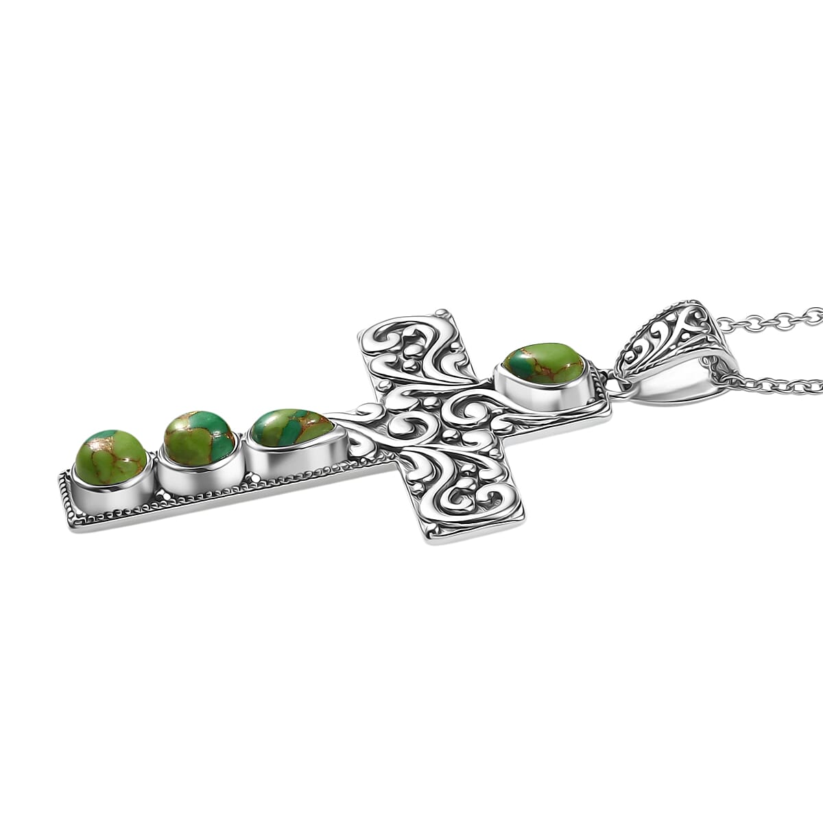 D'Joy Green Mojave Turquoise Black Oxidised Cross Pendant with Cable Chain (Size 20) Sterling Silver 1.80 Ct, Silver Wt. 6.02 Gms.