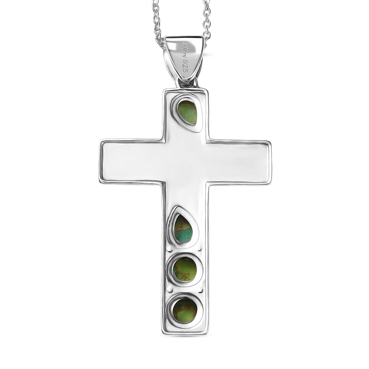 D'Joy Green Mojave Turquoise Black Oxidised Cross Pendant with Cable Chain (Size 20) Sterling Silver 1.80 Ct, Silver Wt. 6.02 Gms.
