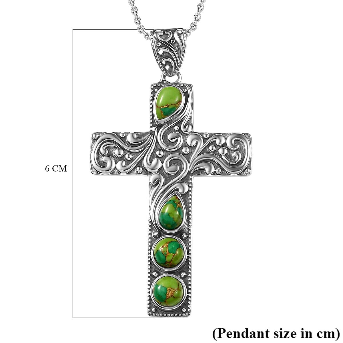 D'Joy Green Mojave Turquoise Black Oxidised Cross Pendant with Cable Chain (Size 20) Sterling Silver 1.80 Ct, Silver Wt. 6.02 Gms.