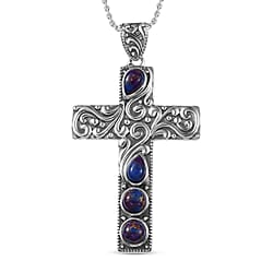 D'Joy Purple Mojave Turquoise Cross Pendant with Cable Chain (Size 20) in Black Oxidised Sterling Silver 1.70 Ct.