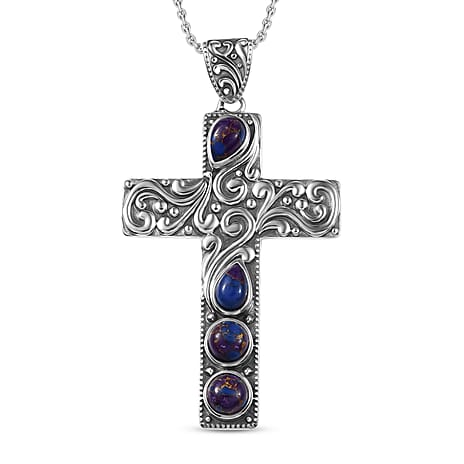 D'Joy Purple Mojave Turquoise Black Oxidised Cross Pendant with Cable Chain (Size 20) Sterling Silver 1.70 Ct, Silver Wt. 5.98 Gms.