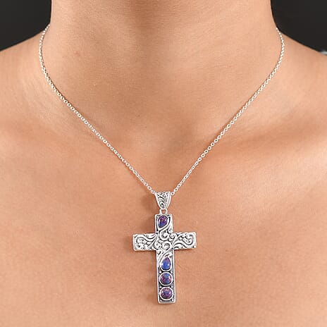 D'Joy Purple Mojave Turquoise Black Oxidised Cross Pendant with Cable Chain (Size 20) Sterling Silver 1.70 Ct, Silver Wt. 5.98 Gms.