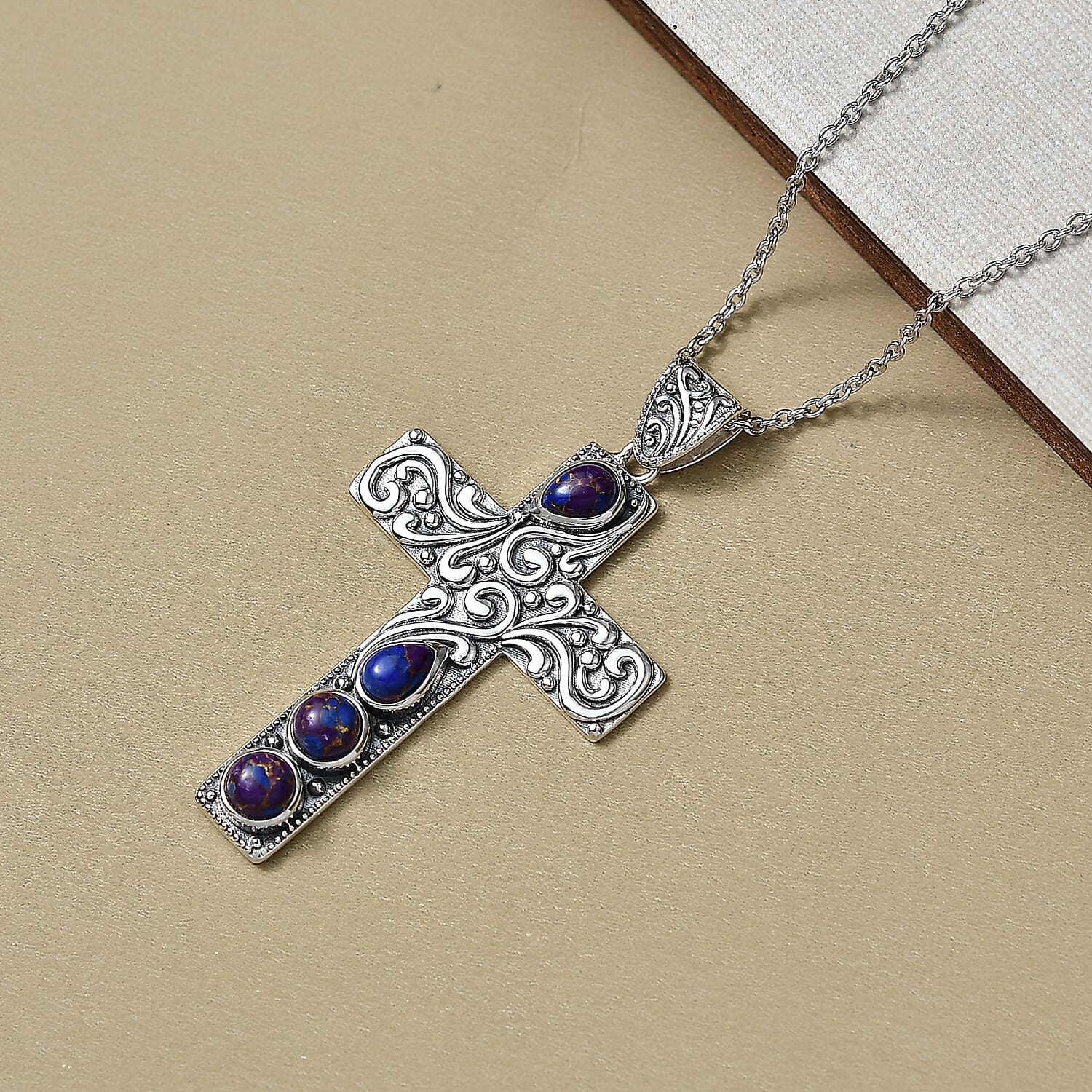 D'Joy Purple Mojave Turquoise Black Oxidised Cross Pendant with Cable Chain (Size 20) Sterling Silver 1.70 Ct, Silver Wt. 5.98 Gms.