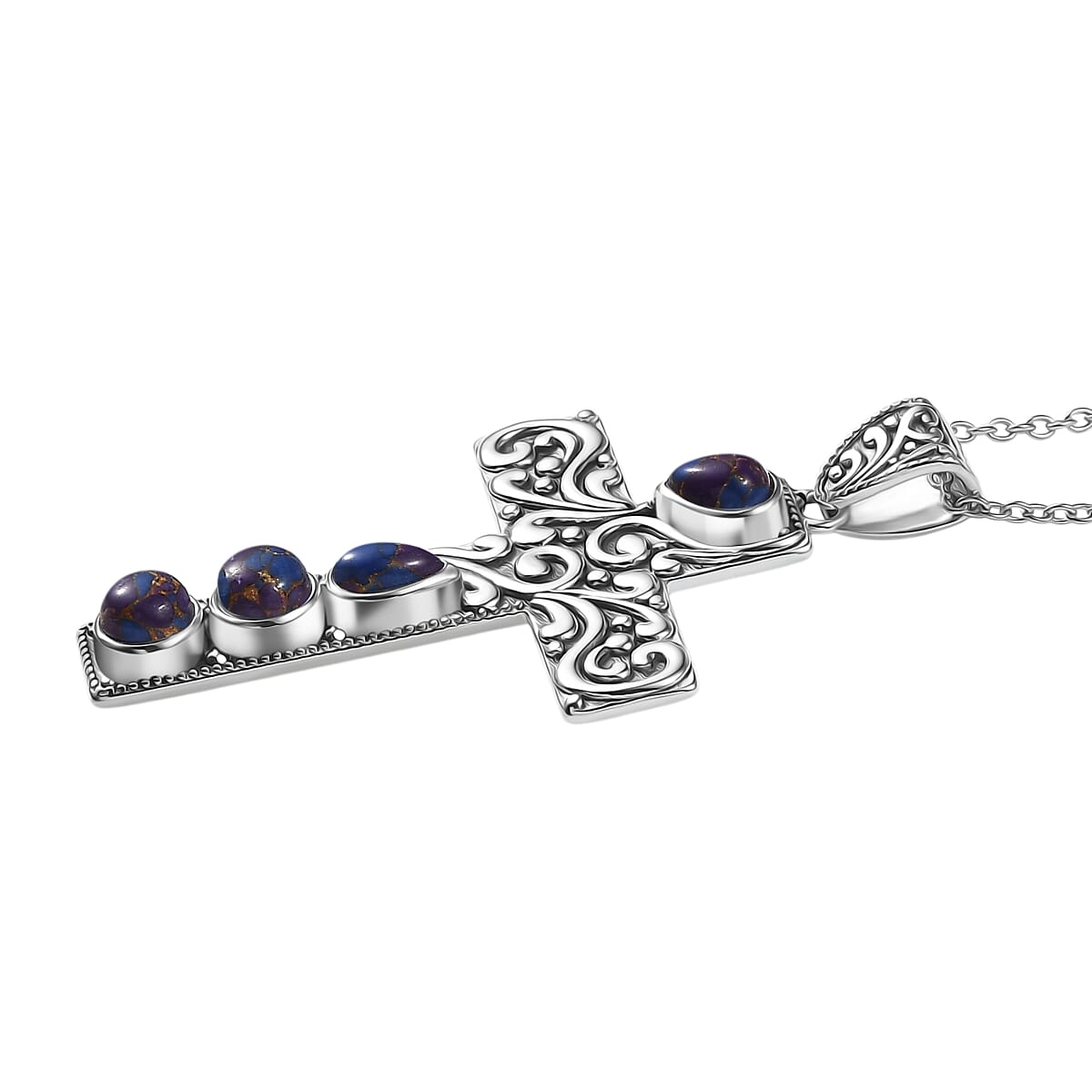 D'Joy Purple Mojave Turquoise Black Oxidised Cross Pendant with Cable Chain (Size 20) Sterling Silver 1.70 Ct, Silver Wt. 5.98 Gms.