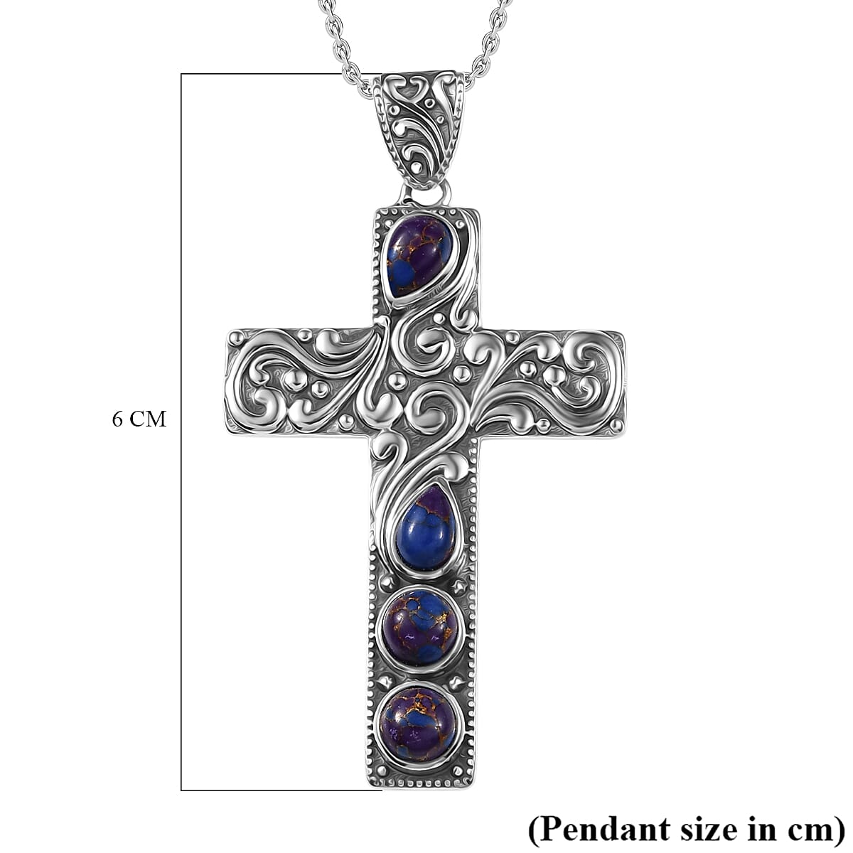D'Joy Purple Mojave Turquoise Black Oxidised Cross Pendant with Cable Chain (Size 20) Sterling Silver 1.70 Ct, Silver Wt. 5.98 Gms.