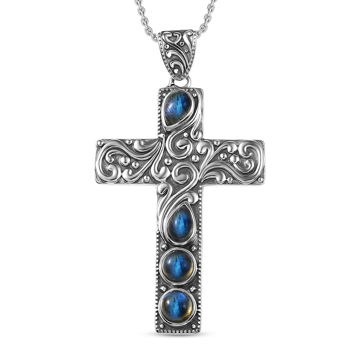 D'Joy Labradorite Black Oxidised Cross Pendant with Cable Chain (Size 20) Sterling Silver 2.18 Ct, Silver Wt. 5.97 Gms.