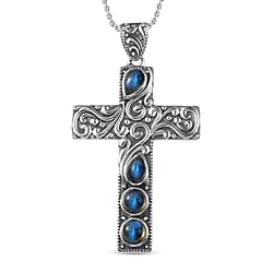 D'Joy Purple Mojave Turquoise Cross Pendant with Cable Chain (Size 20) in Black Oxidised Sterling Silver 1.70 Ct.