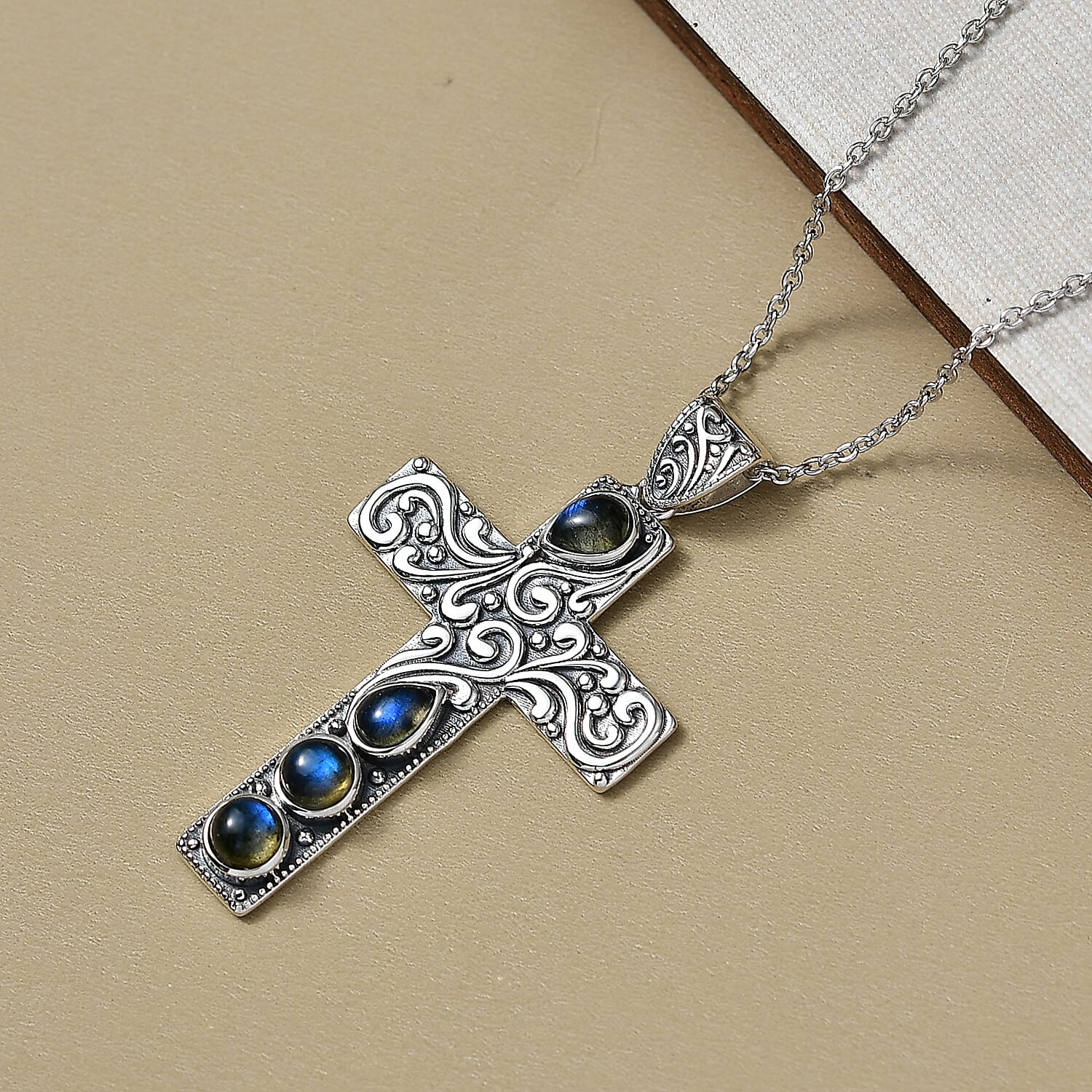 D'Joy Labradorite Black Oxidised Cross Pendant with Cable Chain (Size 20) Sterling Silver 2.18 Ct, Silver Wt. 5.97 Gms.