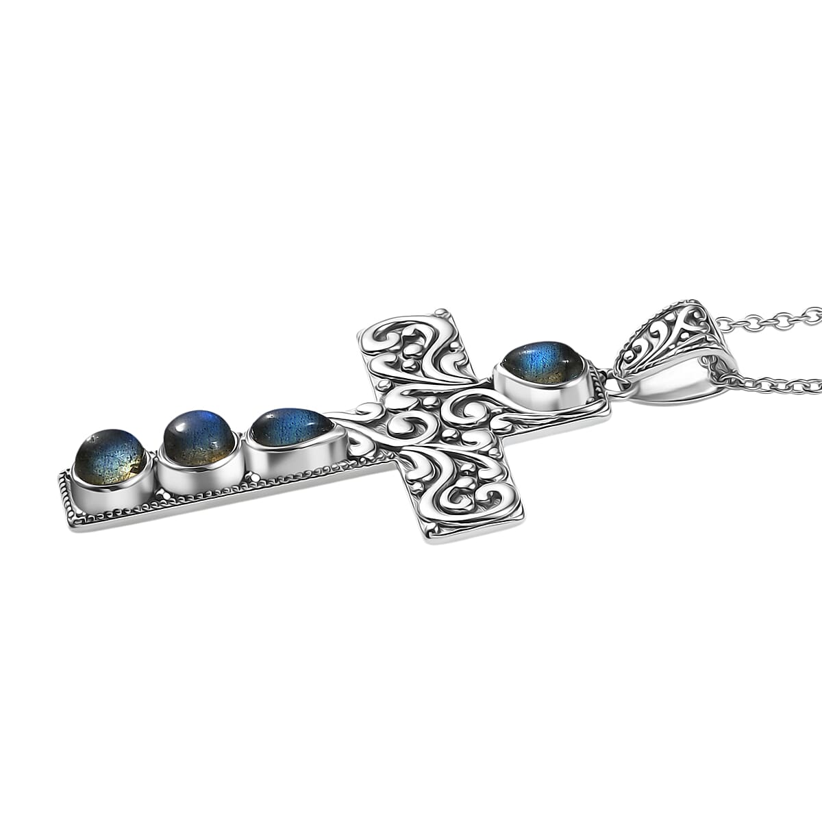 D'Joy Labradorite Black Oxidised Cross Pendant with Cable Chain (Size 20) Sterling Silver 2.18 Ct, Silver Wt. 5.97 Gms.