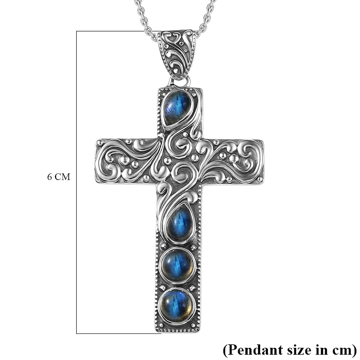 D'Joy Labradorite Black Oxidised Cross Pendant with Cable Chain (Size 20) Sterling Silver 2.18 Ct, Silver Wt. 5.97 Gms.