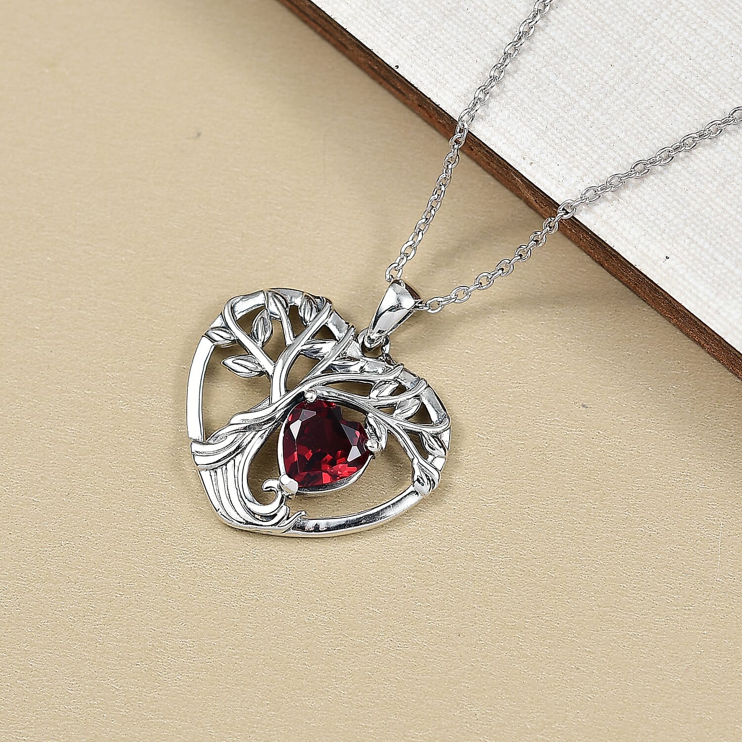 D'Joy Red Garnet Black Oxidised Pendant with Cable Chain (Size 20) Sterling Silver 1.96 Ct.
