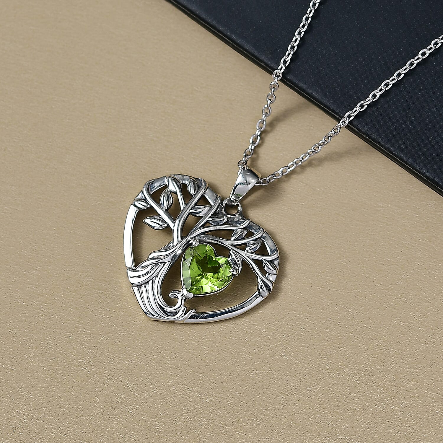 D'Joy Peridot Black Oxidised Pendant with Cable Chain (Size 20) Sterling Silver 1.61 Ct.