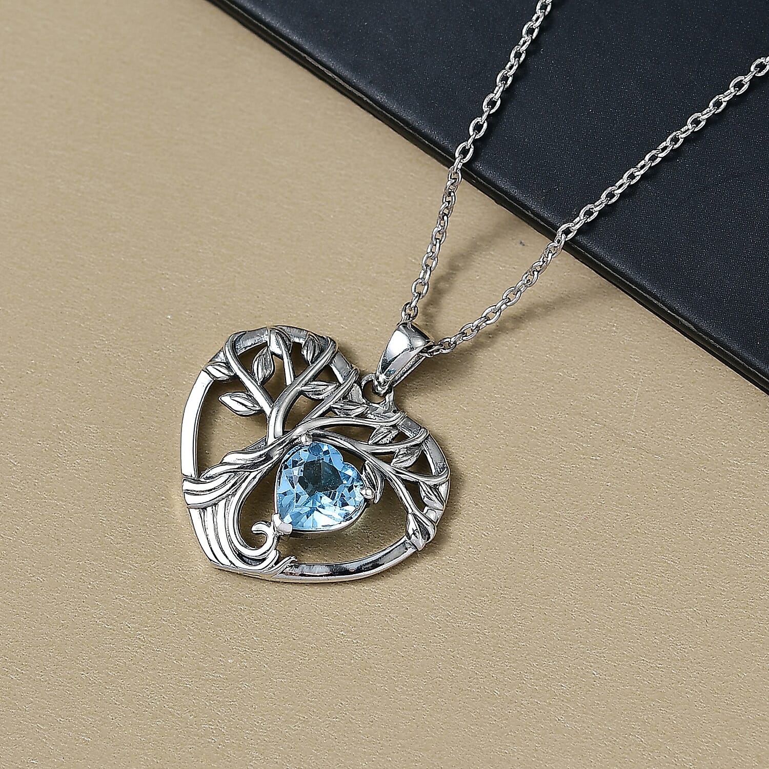 D'Joy Skyblue Topaz Black Oxidised Pendant with Cable Chain (Size 20) Sterling Silver 2.10 Ct.