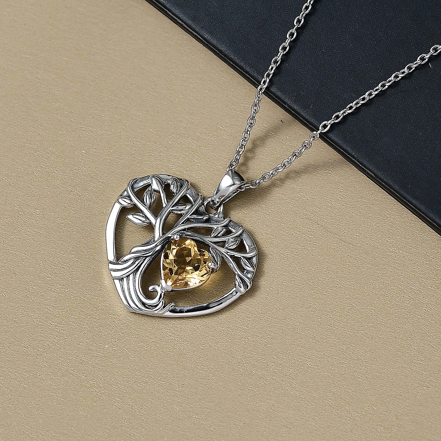 D'Joy Citrine Black Oxidised Pendant with Cable Chain (Size 20) Sterling Silver 1.72 Ct.