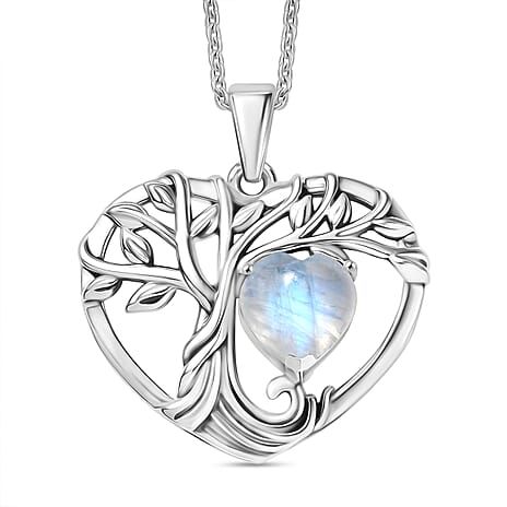 D'Joy Rainbow Moonstone Black Oxidised Pendant with Cable Chain (Size 20) Sterling Silver 2.40 Ct.