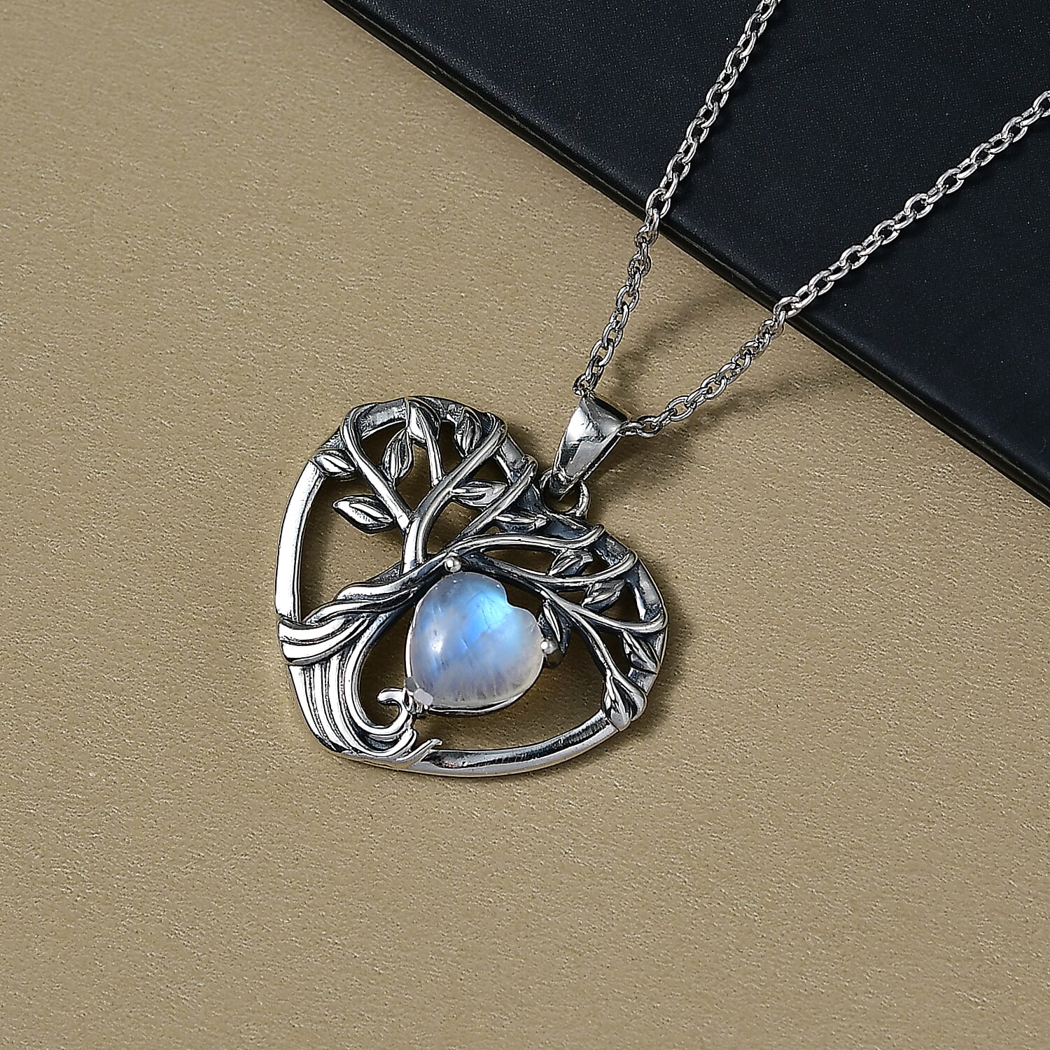 D'Joy Rainbow Moonstone Black Oxidised Pendant with Cable Chain (Size 20) Sterling Silver 2.40 Ct.