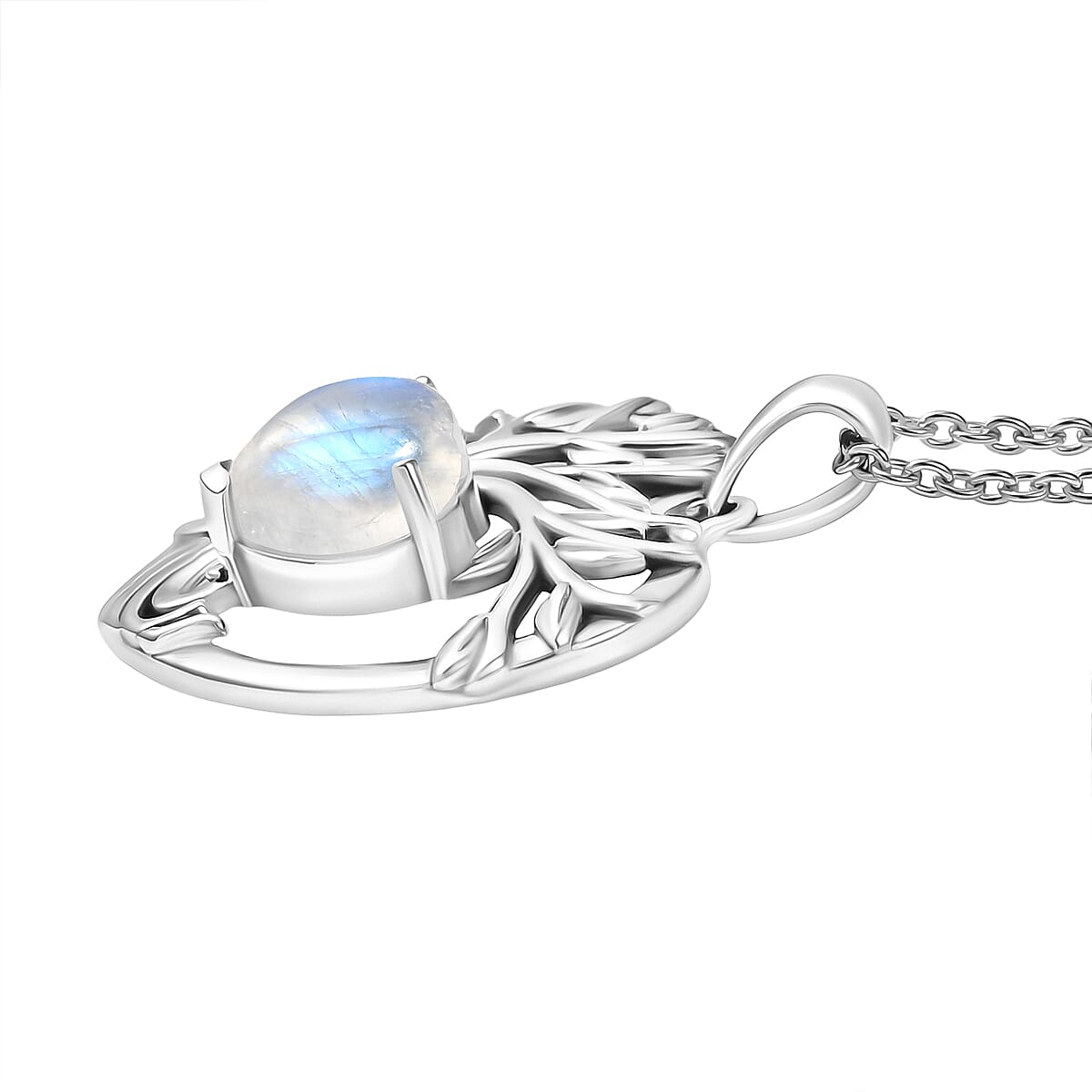 D'Joy Rainbow Moonstone Black Oxidised Pendant with Cable Chain (Size 20) Sterling Silver 2.40 Ct.