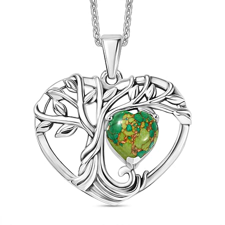 D'Joy Green Mojave Turquoise Tree of Life Heart Pendant with Cable Chain (Size 20) in Black Oxidised Sterling Silver 1.79 Ct.