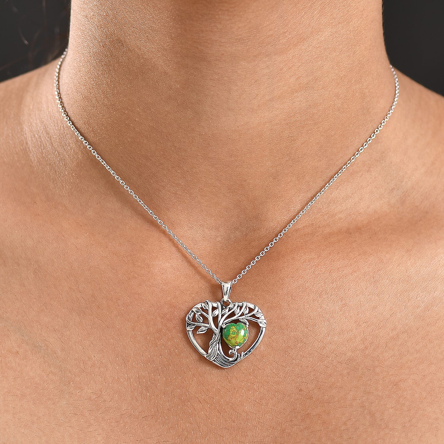 D'Joy Green Mojave Turquoise Black Oxidised Pendant with Cable Chain (Size 20) Sterling Silver 1.79 Ct.