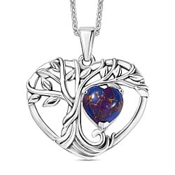 D'Joy Blue Mojave Turquoise Tree of Life Heart Pendant with Cable Chain (Size 20) in Black Oxidised Sterling Silver 1.78 Ct.