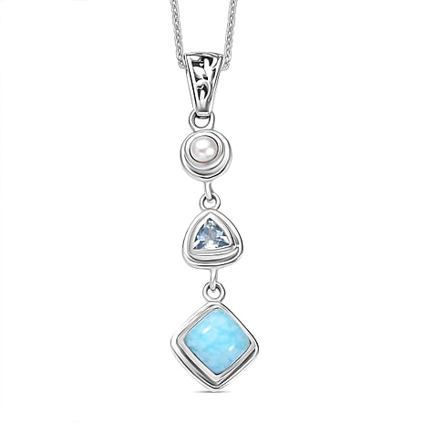 D'Joy Larimar, Skyblue Topaz & Fresh Water Pearl Black Oxidised Pendant with Cable Chain (Size 20) Sterling Silver 2.95 Ct.