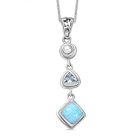 D'Joy Larimar, Skyblue Topaz and Fresh Water Pearl Pendant with Cable Chain (Size 20) in Black Oxidised Sterling Silver 2.95 Ct. D'Joy Larimar, Skyblue Topaz and Fresh Water Pearl Pendant with Cable Chain (Size 20) in Black Oxidised Sterling Silver 2.95 Ct.