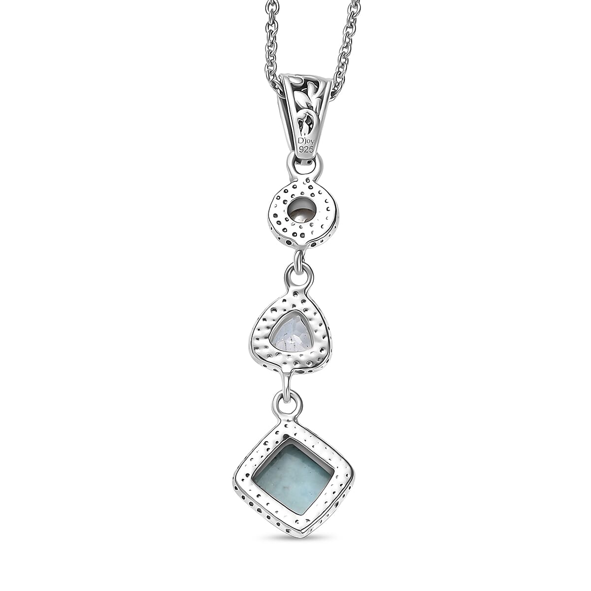 D'Joy Larimar, Skyblue Topaz & Fresh Water Pearl Black Oxidised Pendant with Cable Chain (Size 20) Sterling Silver 2.95 Ct.