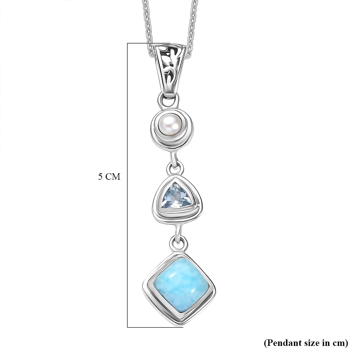 D'Joy Larimar, Skyblue Topaz & Fresh Water Pearl Black Oxidised Pendant with Cable Chain (Size 20) Sterling Silver 2.95 Ct.