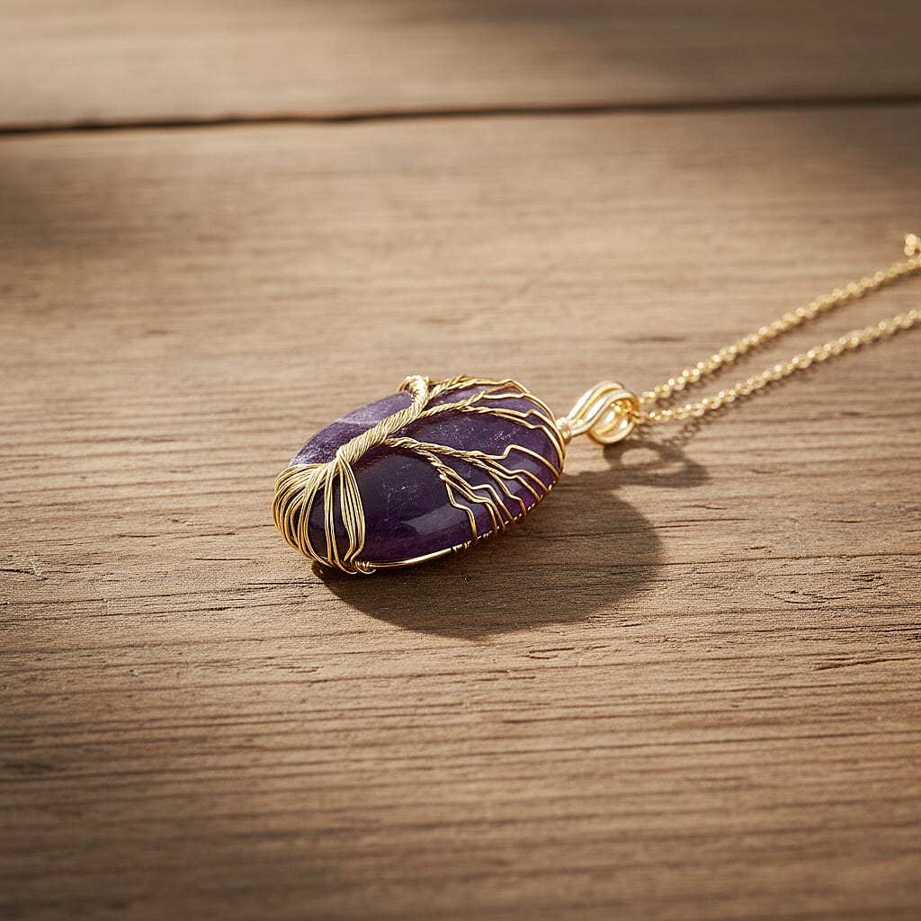 African Amethyst Ethereal Tree of Life Pendant with Chain (Size 20 - 2 Ext) in Yellow Gold Plated 20.00 Ct.