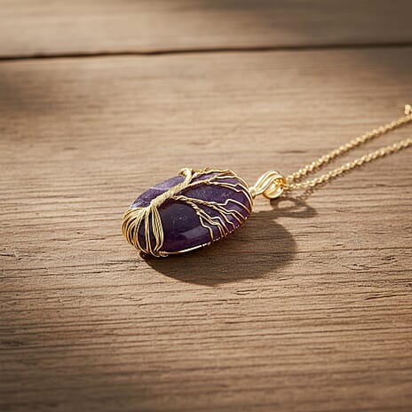 African Amethyst Ethereal Tree of Life Pendant with Chain (Size 20 - 2 Ext) in Yellow Gold Plated 20.00 Ct.