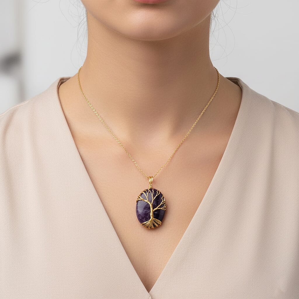 African Amethyst Ethereal Tree of Life Pendant with Chain (Size 20 - 2 Ext) in Yellow Gold Plated 20.00 Ct.