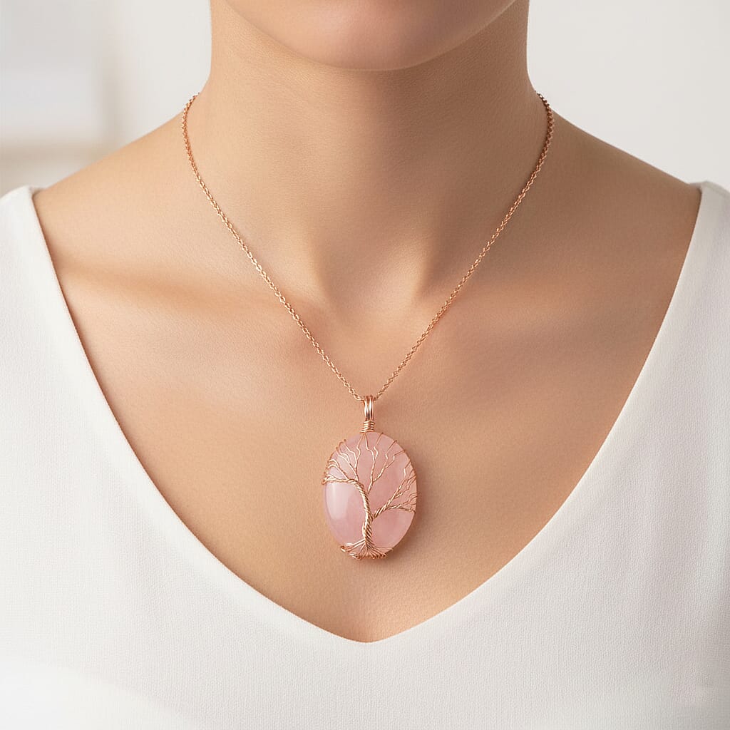 Rose Quartz Oval Tree of Life Pendant (Size 20) 20.00 Ct.