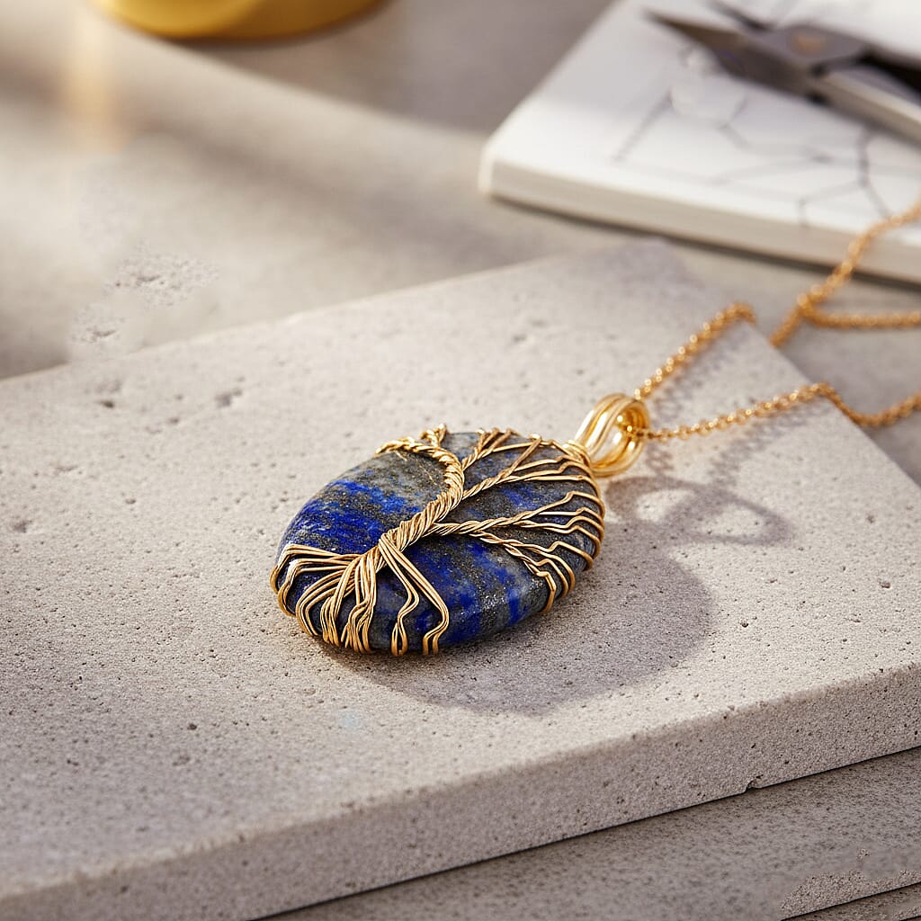 Lapis Lazuli Oval Ethereal Tree of Life Pendant with Chain (Size 20 - 2 Ext)  20.00 Ct.