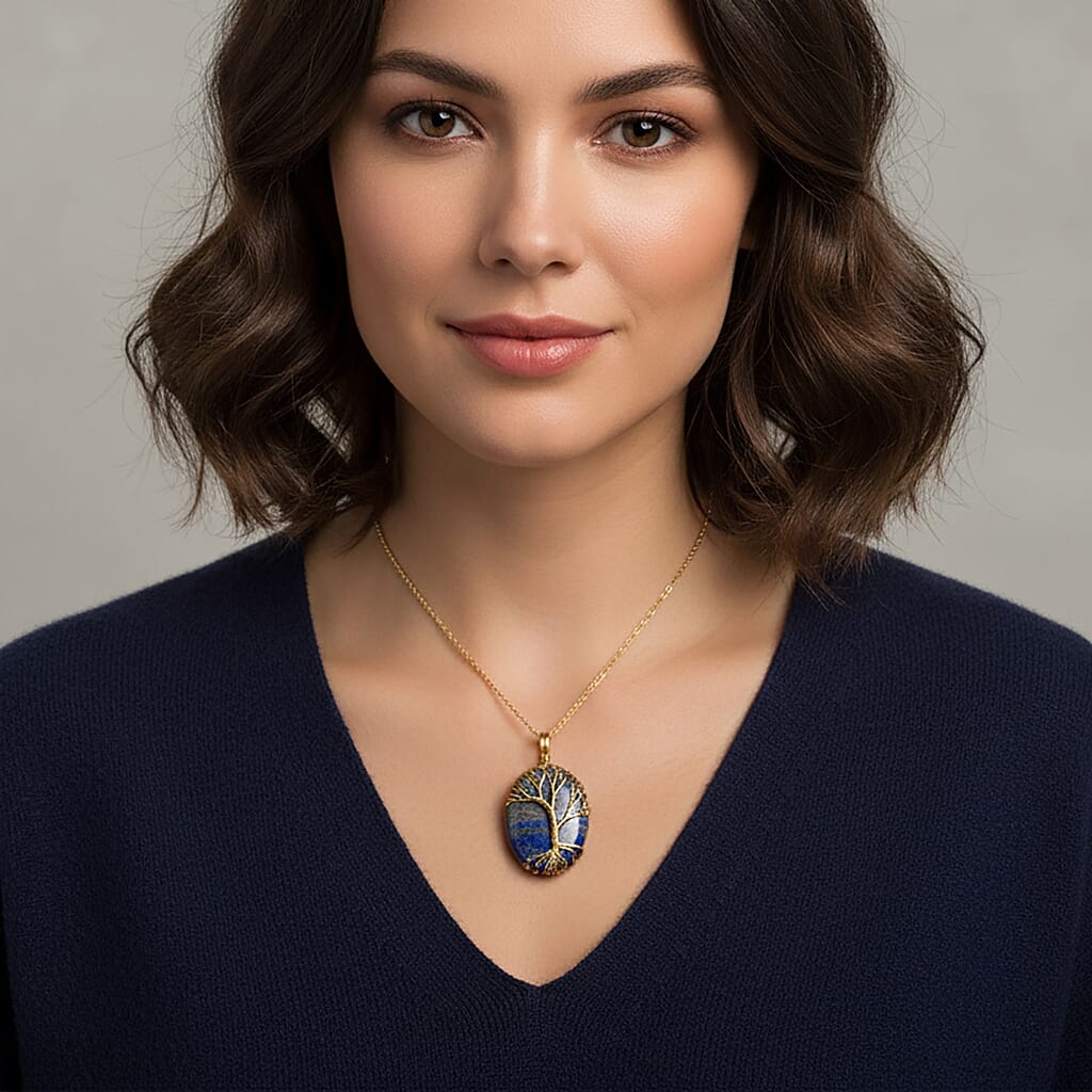 Lapis Lazuli Oval Ethereal Tree of Life Pendant with Chain (Size 20 - 2 Ext)  20.00 Ct.