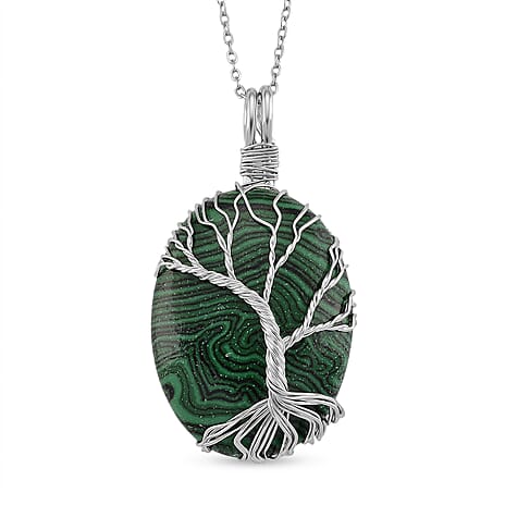 Created Malachite Oval Ethereal Tree of Life Pendant with Chain (Size 20 - 2 Ext)  20.00 Ct.