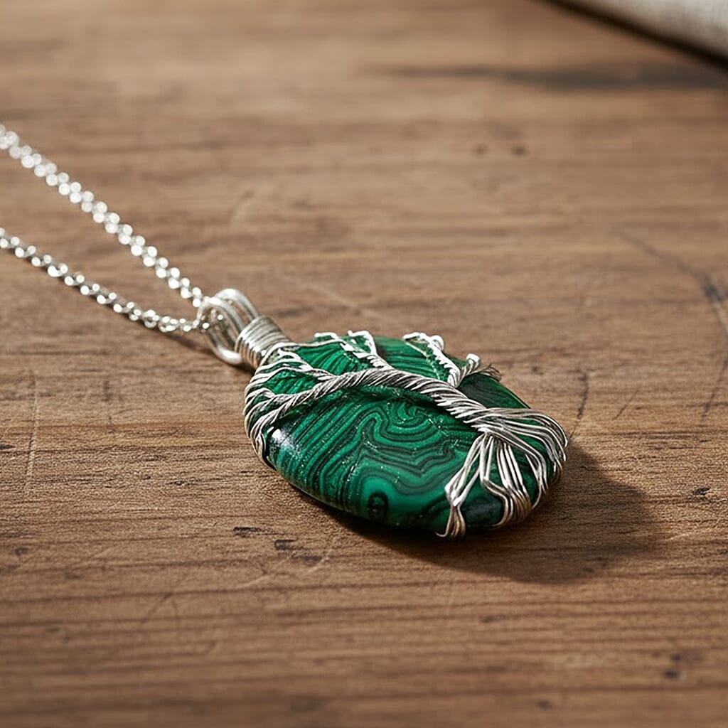 Created Malachite Oval Ethereal Tree of Life Pendant with Chain (Size 20 - 2 Ext) 20.00 Ct.