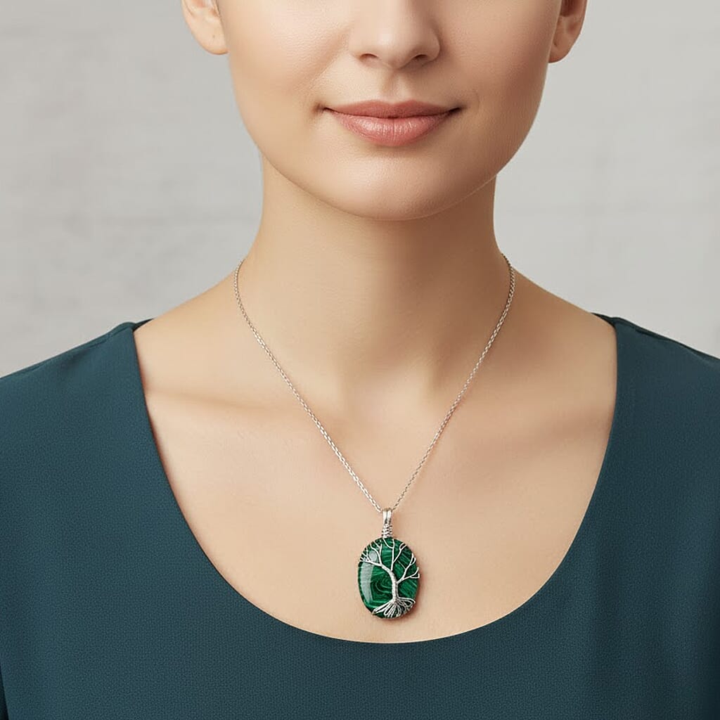 Created Malachite Oval Ethereal Tree of Life Pendant with Chain (Size 20 - 2 Ext) 20.00 Ct.