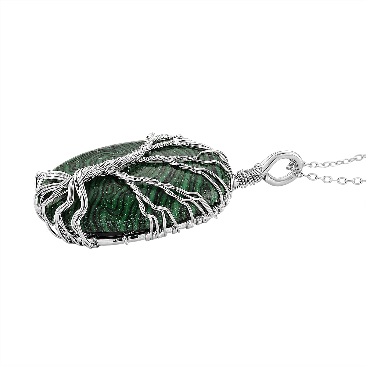 Created Malachite Oval Ethereal Tree of Life Pendant with Chain (Size 20 - 2 Ext) 20.00 Ct.