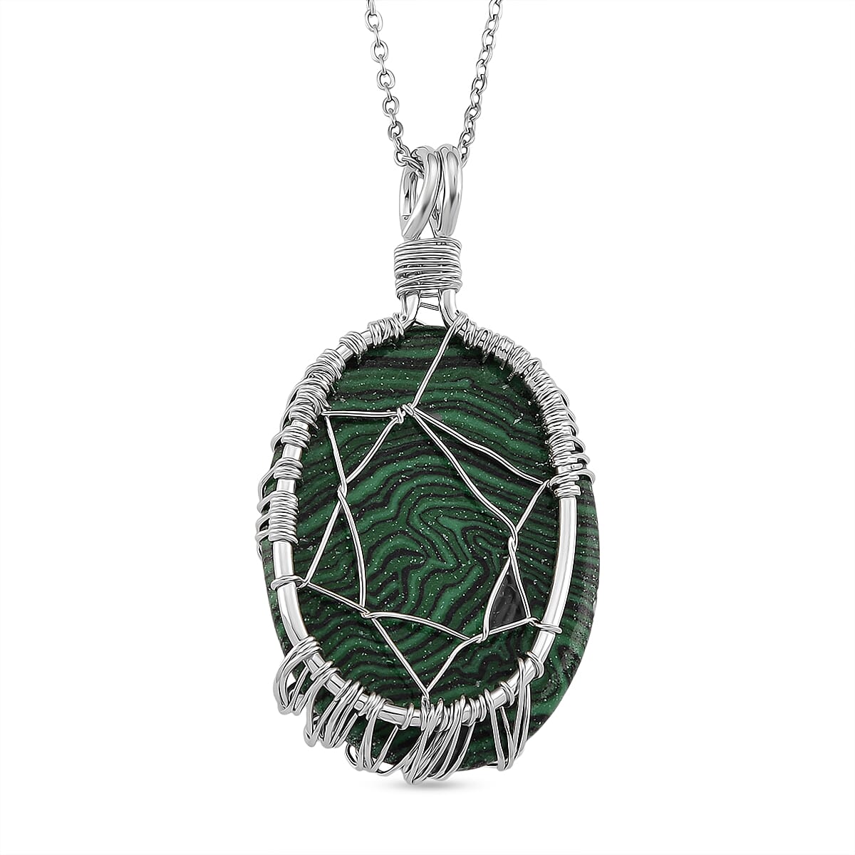 Created Malachite Oval Ethereal Tree of Life Pendant with Chain (Size 20 - 2 Ext) 20.00 Ct.