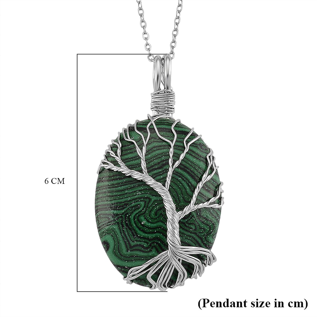 Created Malachite Oval Ethereal Tree of Life Pendant with Chain (Size 20 - 2 Ext) 20.00 Ct.
